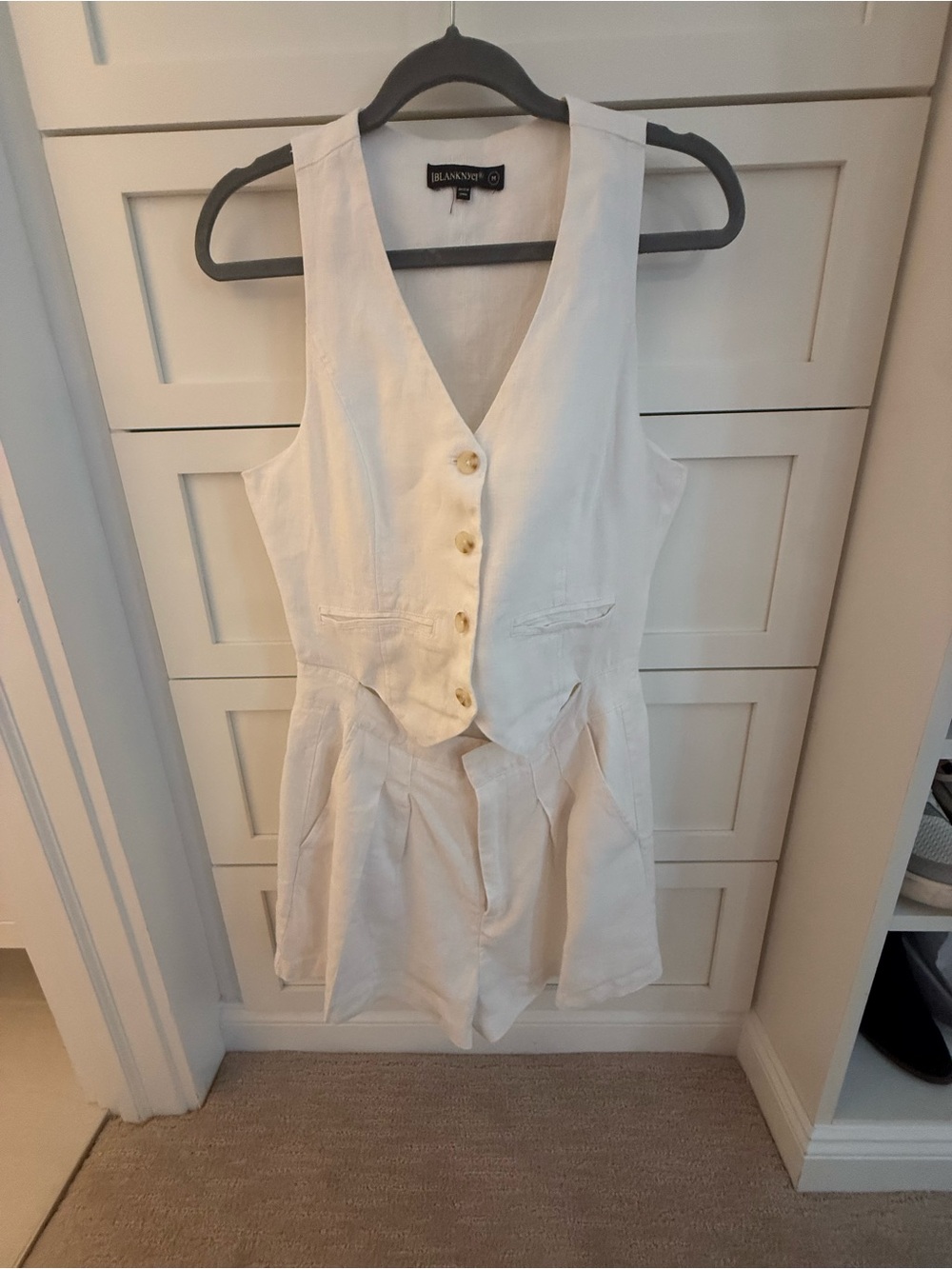 Blank NYC White Linen Vest Romper with Button Front